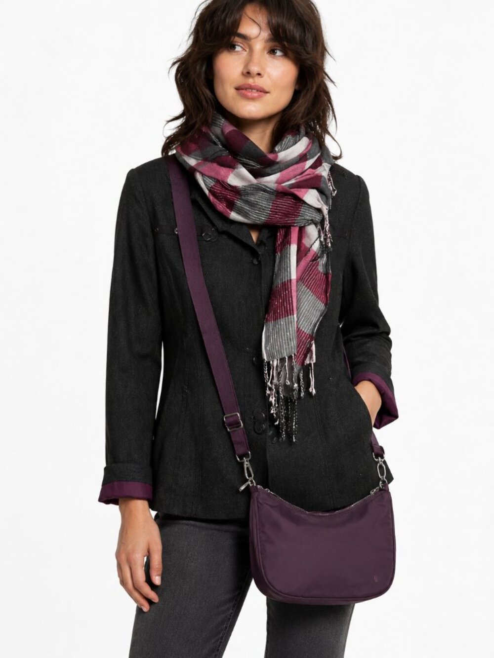 Olsen Europe Charcoal Grey Jacket Set with Plaid Scarf & Purple Crossbody Bag